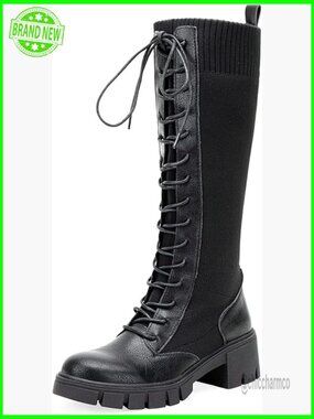 Knee High Combat Boots Platform Chunky Heel Lace Up Knit Stretch Shoes